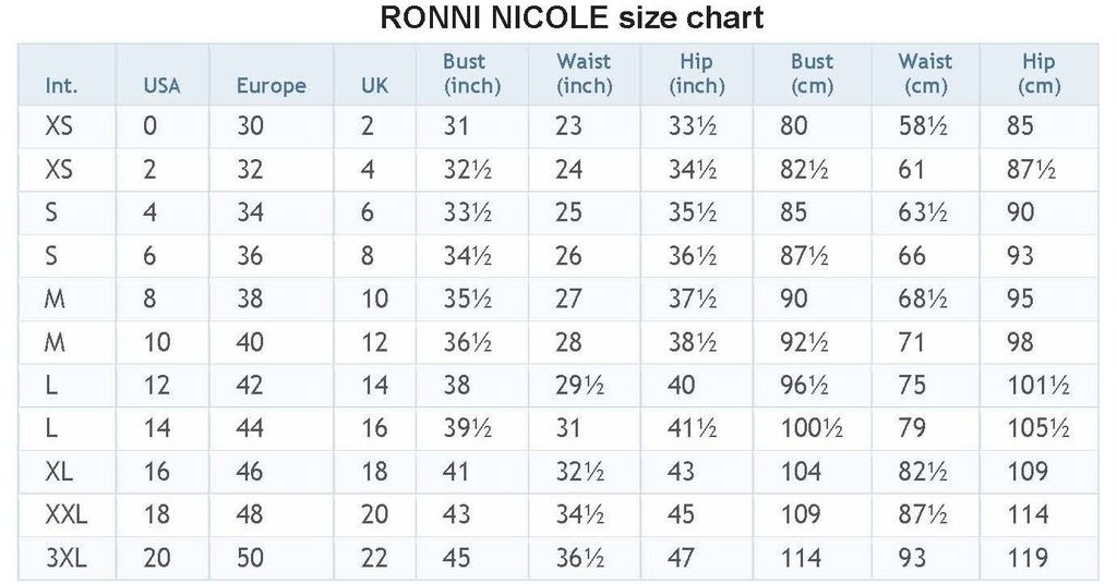 nicole spose size chart